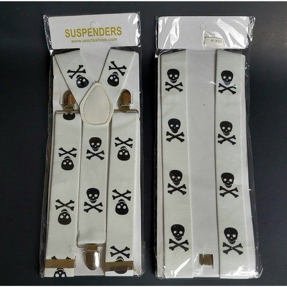 Skull & Cross Bones LOT 2 B & W Mens Suspenders Unicfashion Halloween Unisex New - Picture 2 of 2